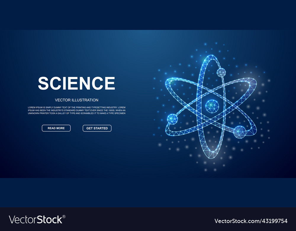 Atom 3d low poly symbol with connected dots