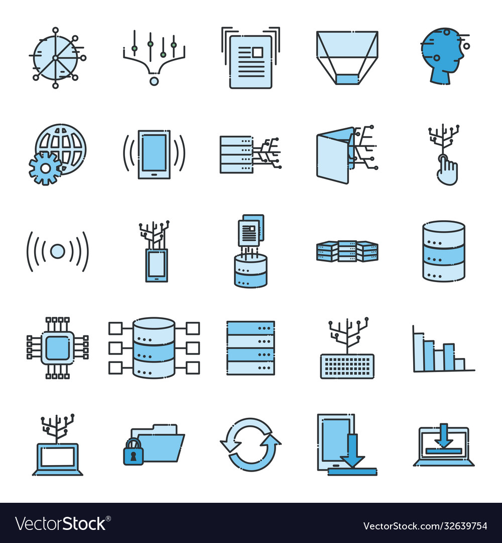 Big data line and fill style icon set vector image Big data line and fill style icon set