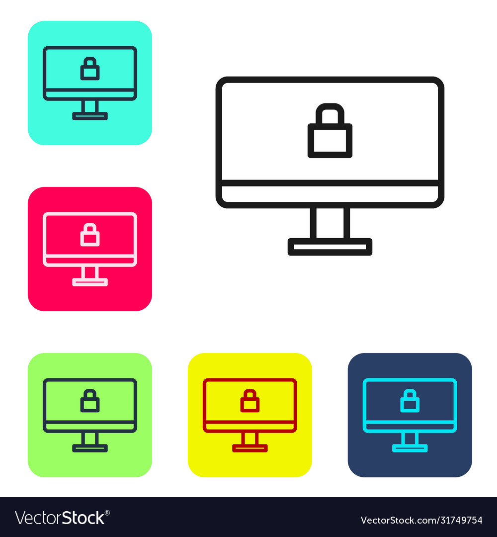 Black line lock on computer monitor screen icon vector image Black line lock on computer monitor screen icon