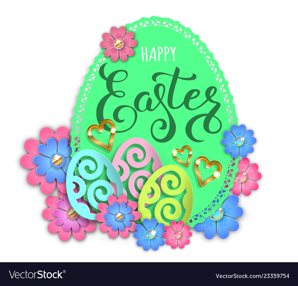 Happy Easter Paper Design Egg And Flowers Vector Image