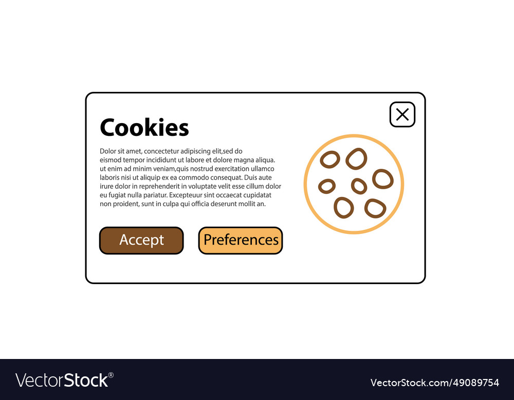 Internet web pop up for cookie policy notification vector image Internet web pop up for cookie policy notification