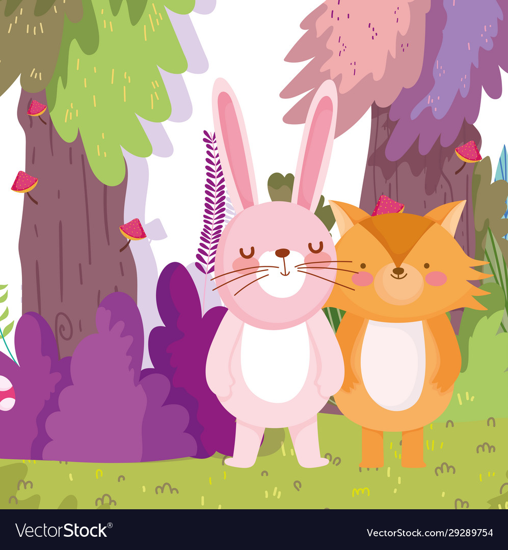 Little fox and rabbit cartoon character forest