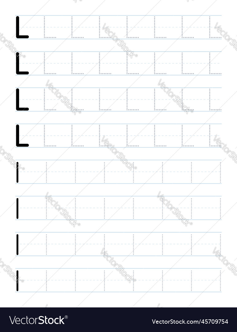 Tracing letter l worksheet for kids Royalty Free Vector