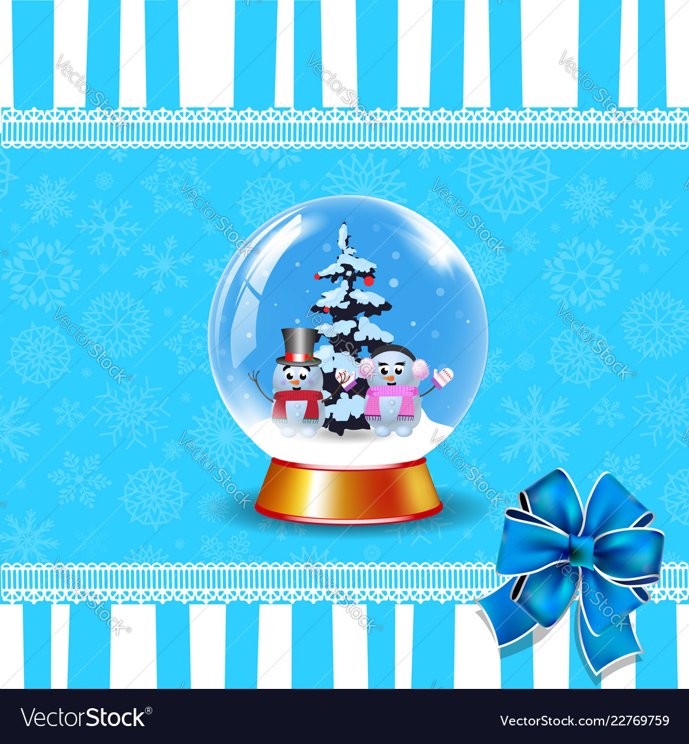 Crystal snow globe with cute snowmen and fir tree