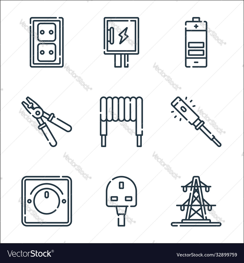 Electrician tools and line icons linear set vector image Electrician tools and line icons linear set
