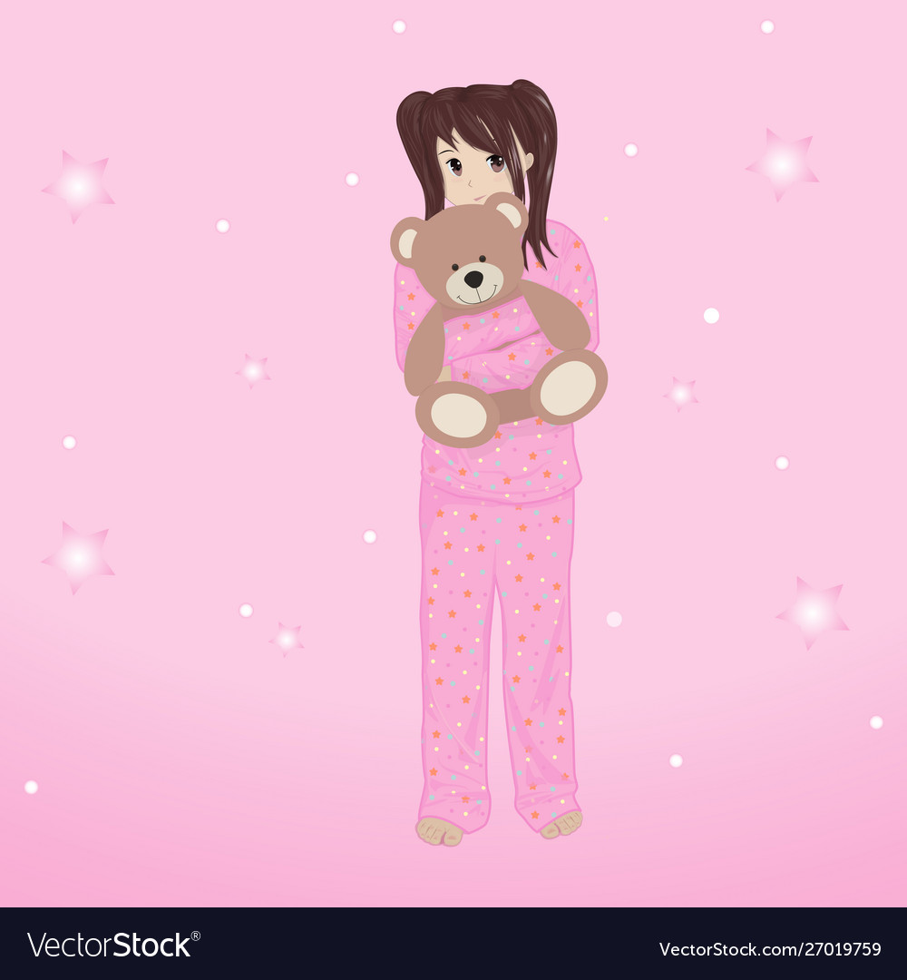 Girl In Pajamas Hugs A Bear Anime.