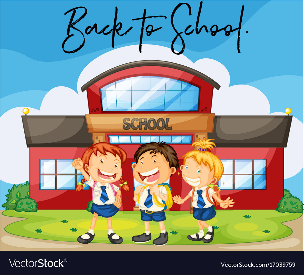 Students at school with phrase back to school Vector Image