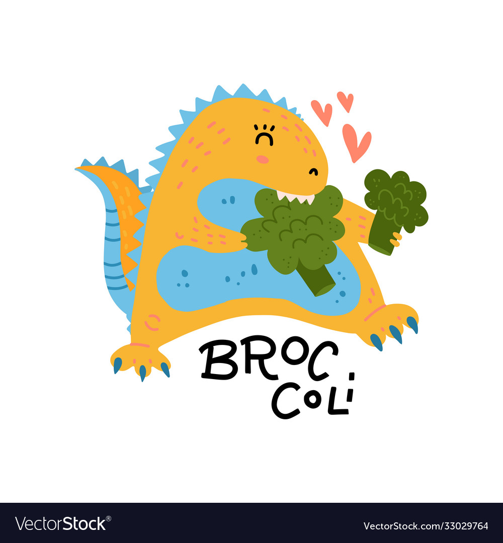 Cute dinosaur in love with broccoli healthy food