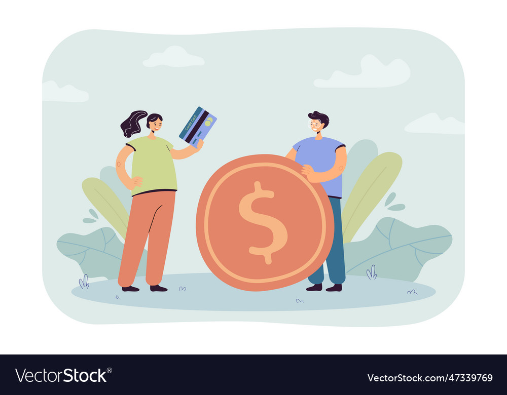 Tiny people holding golden coin and credit card