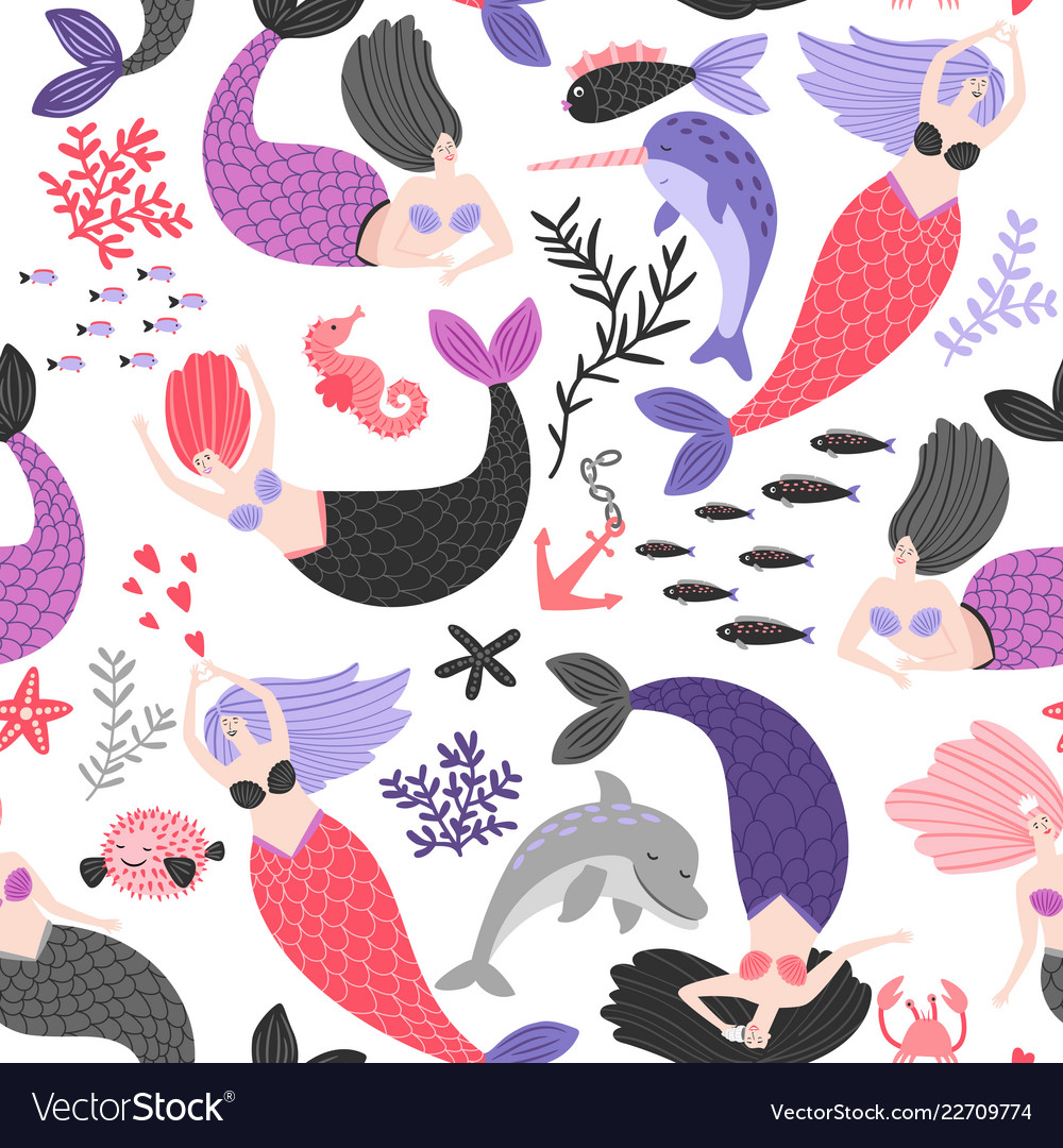 Cartoon mermaids and sea animals pattern vector image Cartoon mermaids and sea animals pattern