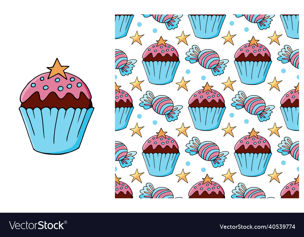Cupcake muffin set of element and seamless pattern vector image Cupcake muffin set of element and seamless pattern