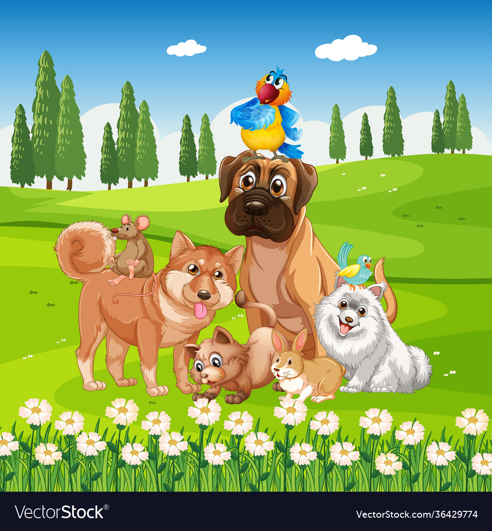 Group pet in park scene Royalty Free Vector Image