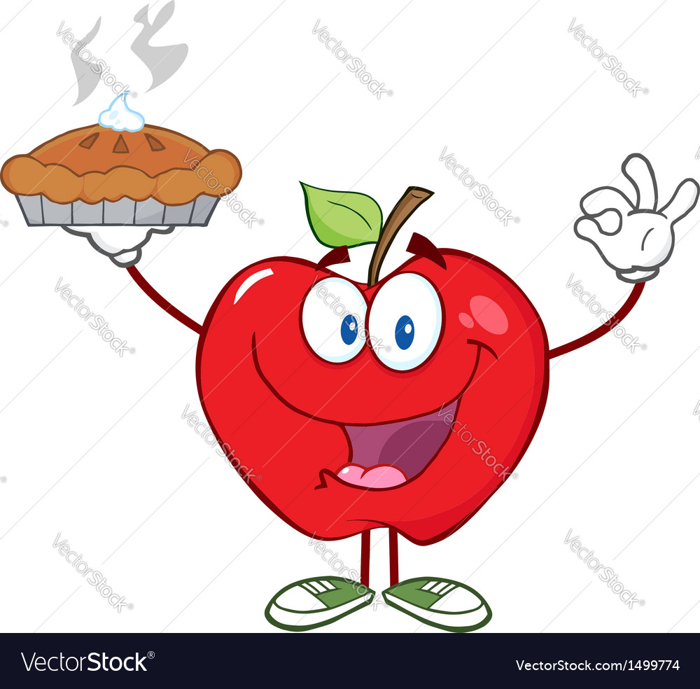 Happy red apple character holding up a pie