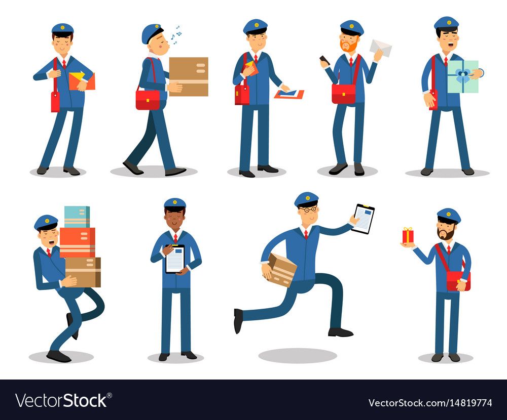 Postman characters doing their job set cheerful Vector Image