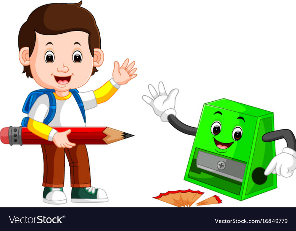 Boy holding big pencil and sharpener Royalty Free Vector