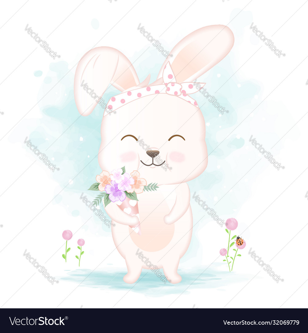 Cute rabbit holding bouquet hand drawn cartoon Vector Image