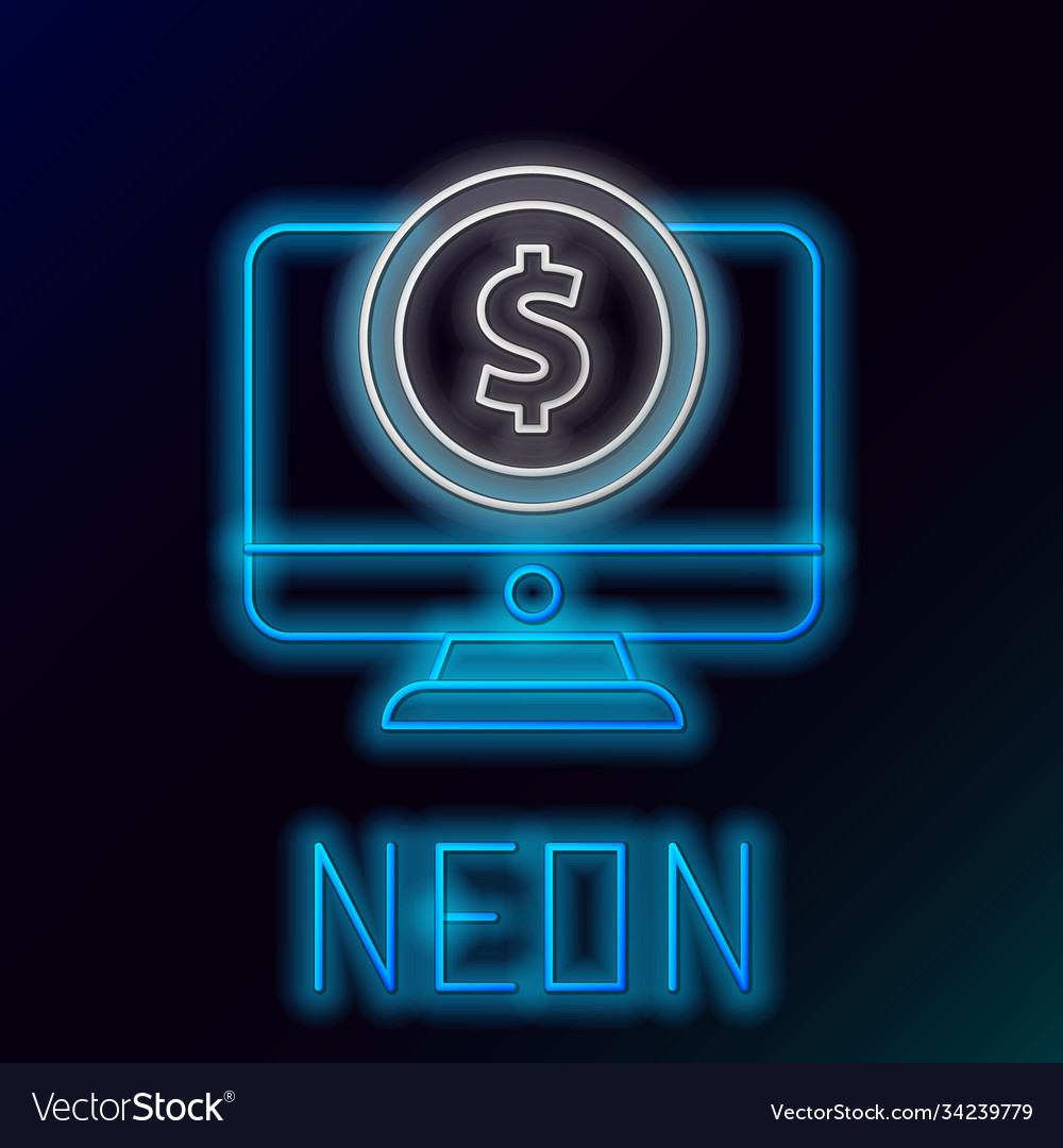 Glowing neon line computer monitor with dollar vector image Glowing neon line computer monitor with dollar