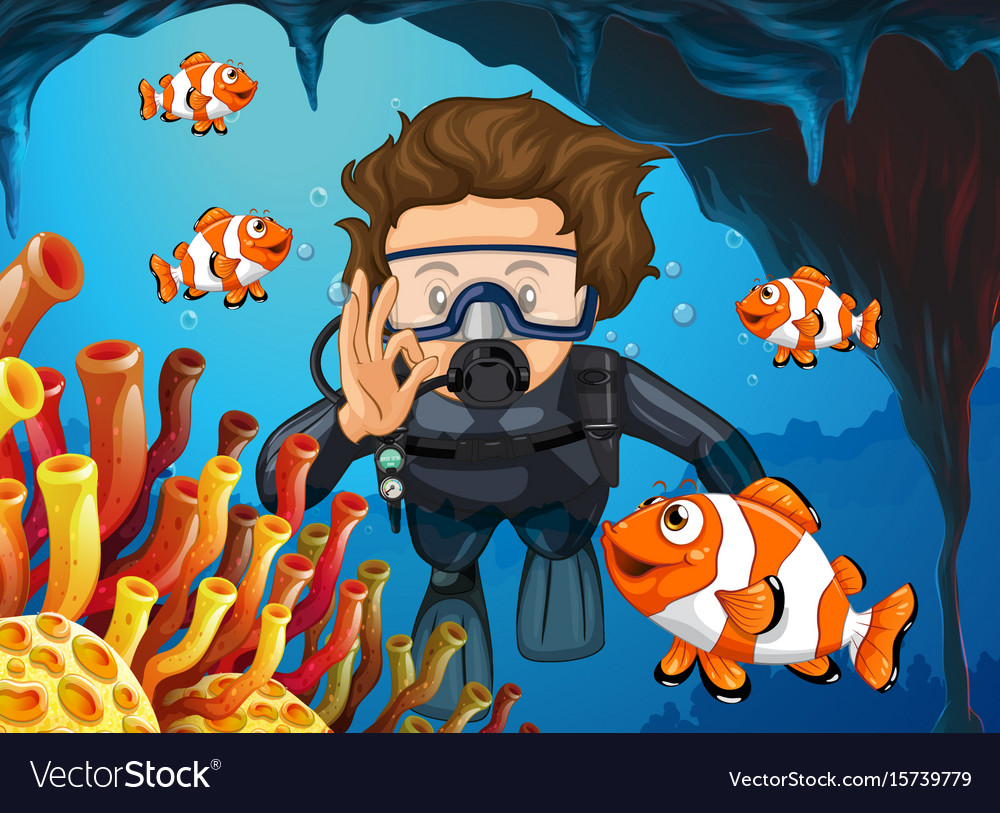 Scuba diver diving underwater with clownfish Vector Image