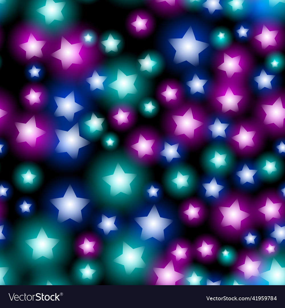 Abstract Starry Seamless Pattern With Neon Star On Bright Pink And Blue