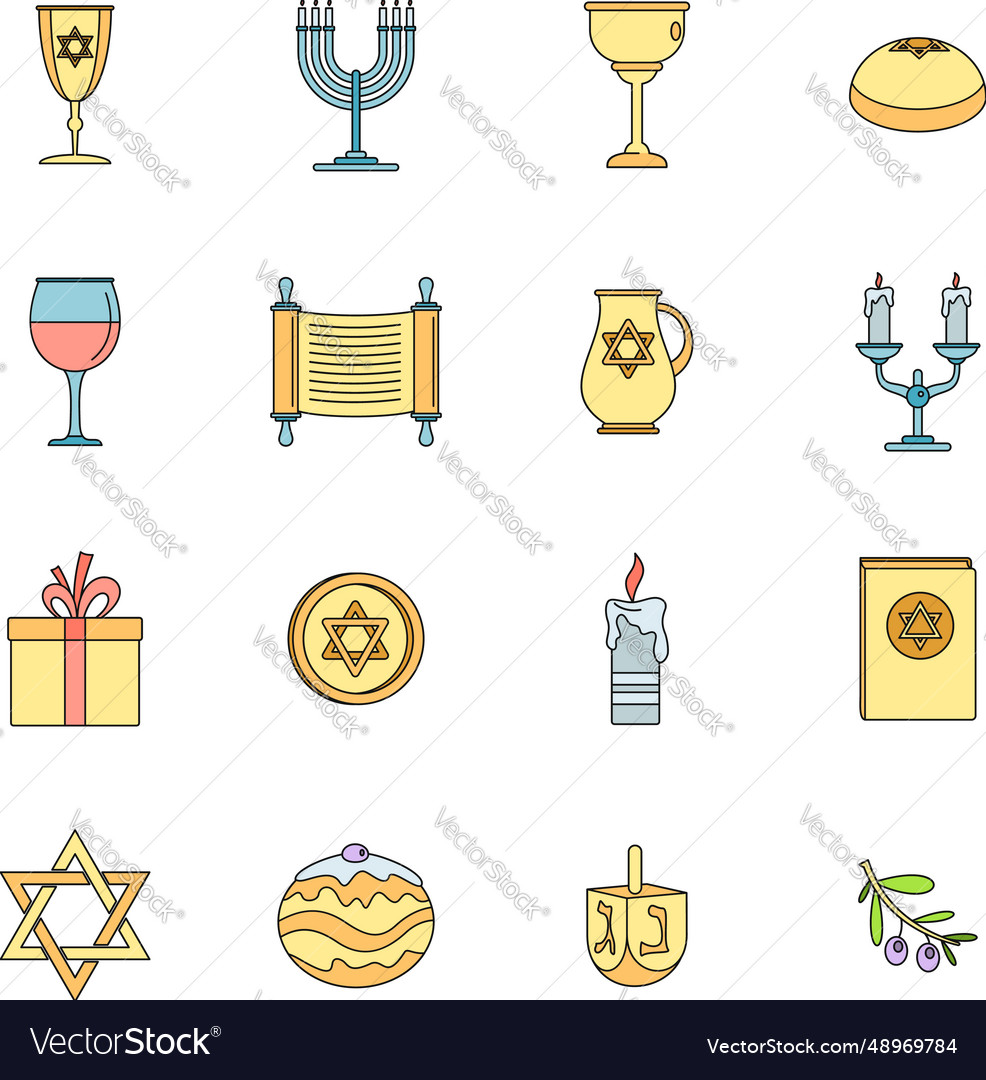 Chanukah jewish holiday icons set color Royalty Free Vector