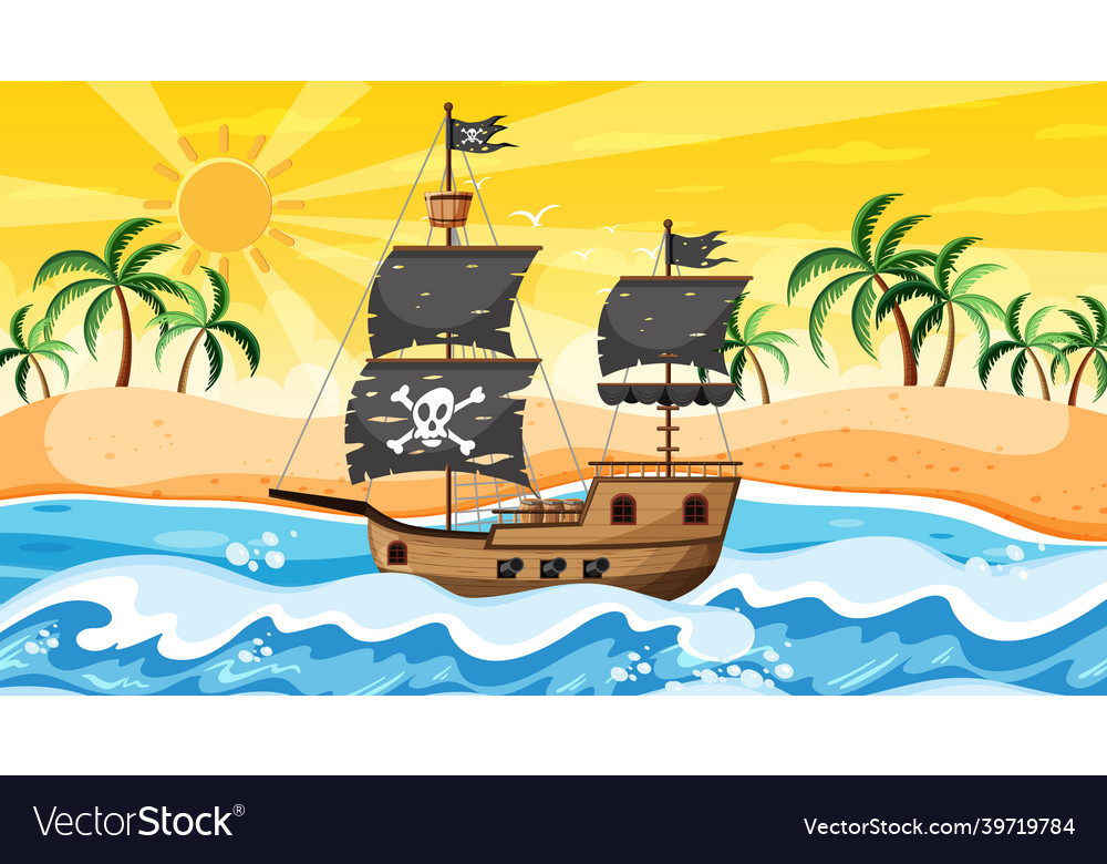 Ocean with pirate ship at sunset time scene vector image Ocean with pirate ship at sunset time scene