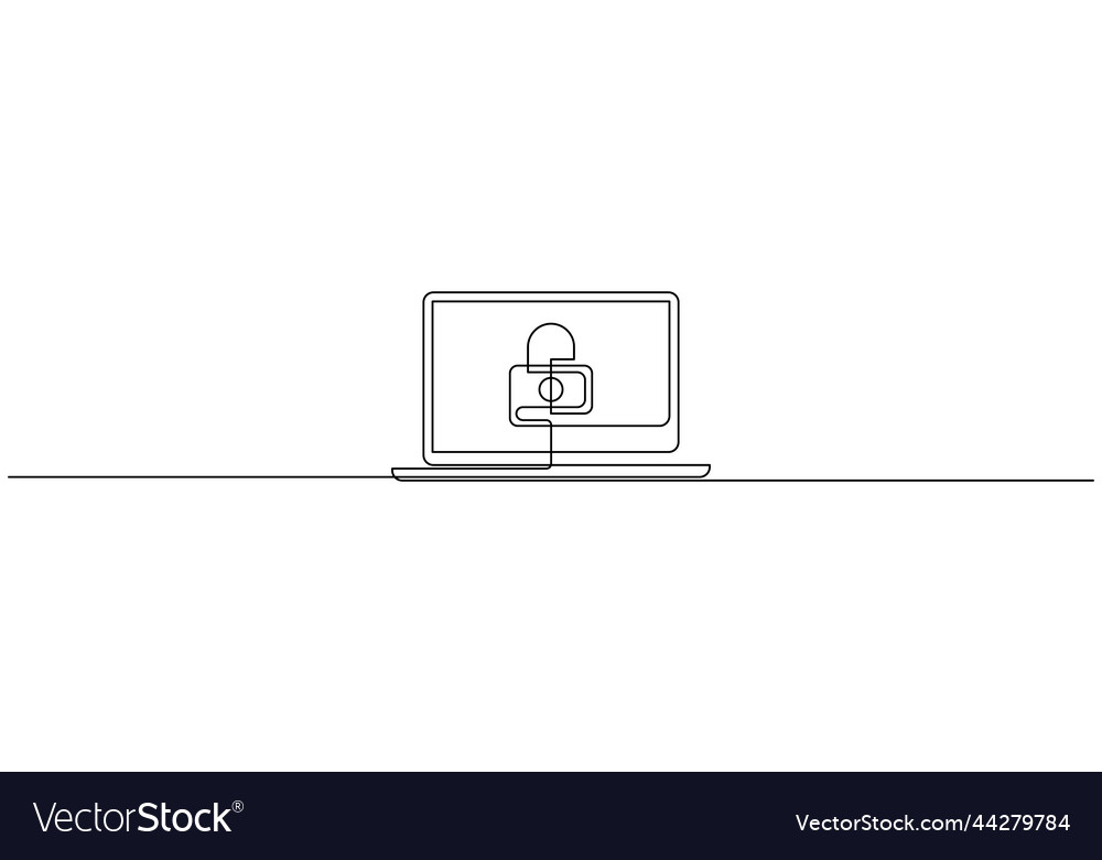 Eine Linie Zeichnung von Laptop mit Vorhängeschloss