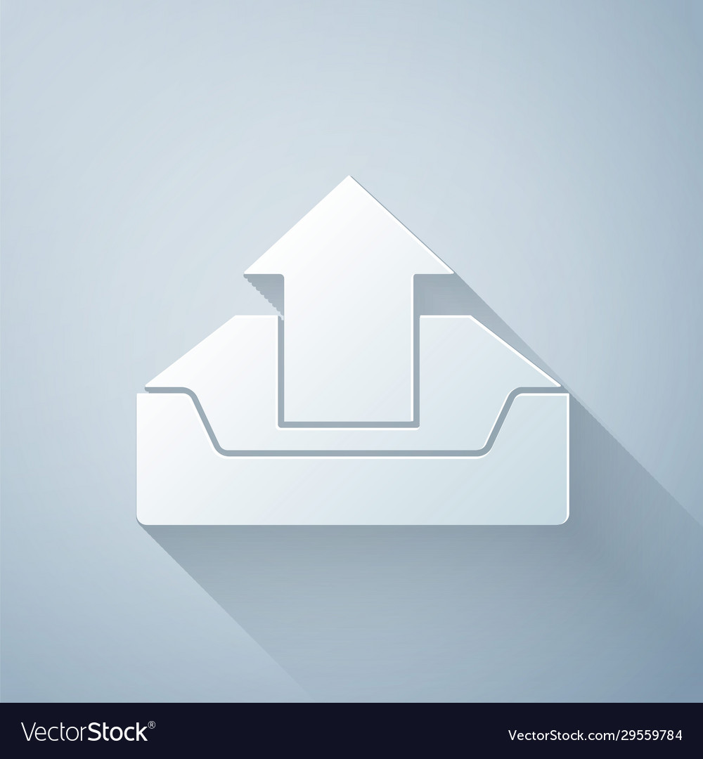 Paper cut upload inbox icon isolated on grey vector image Paper cut upload inbox icon isolated on grey