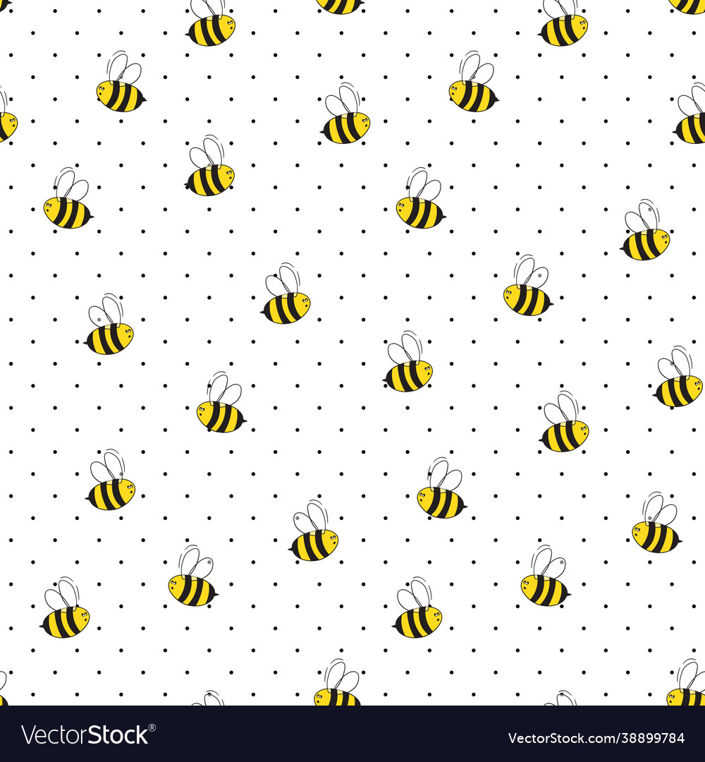 Seamless pattern with bees on white polka dots