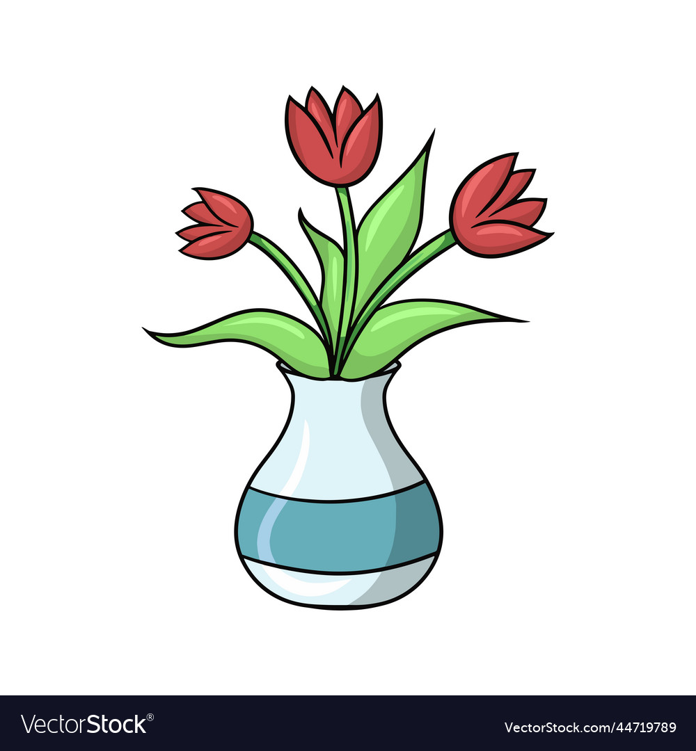 Bouquet of red tulips with leaves in a wide vase Vector Image