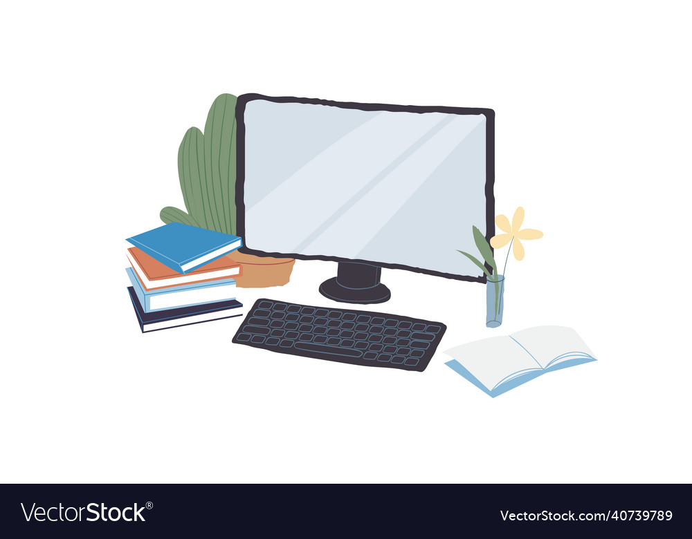 Flat cartoon computer monitor and keyboard