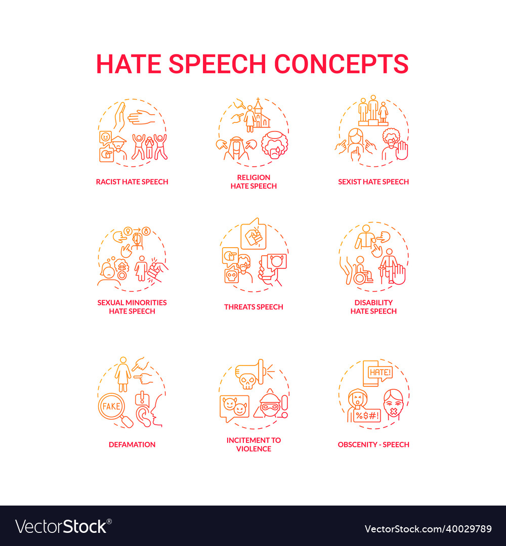 Hate speech red gradient concept icons set vector image Hate speech red gradient concept icons set