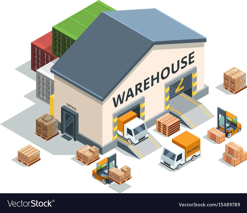 Warehouse building trucks and load machines Vector Image