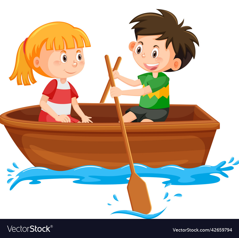 Boy and girl paddle the boat on white background