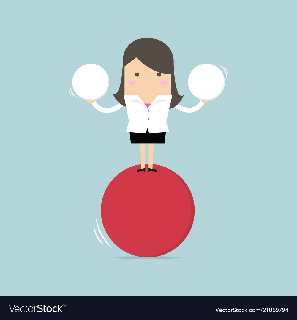 Businesswoman balancing on red ball holding sphere