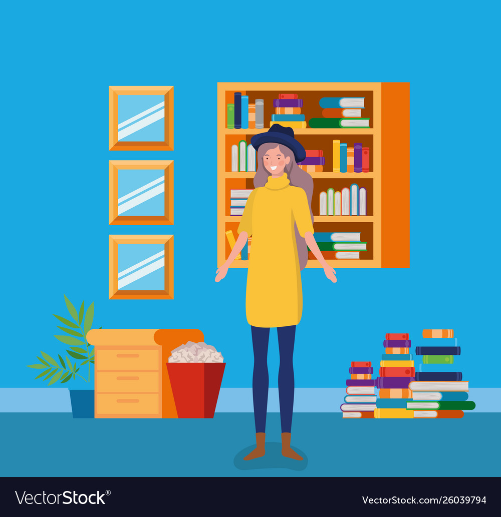 Young woman with tophat standing in library