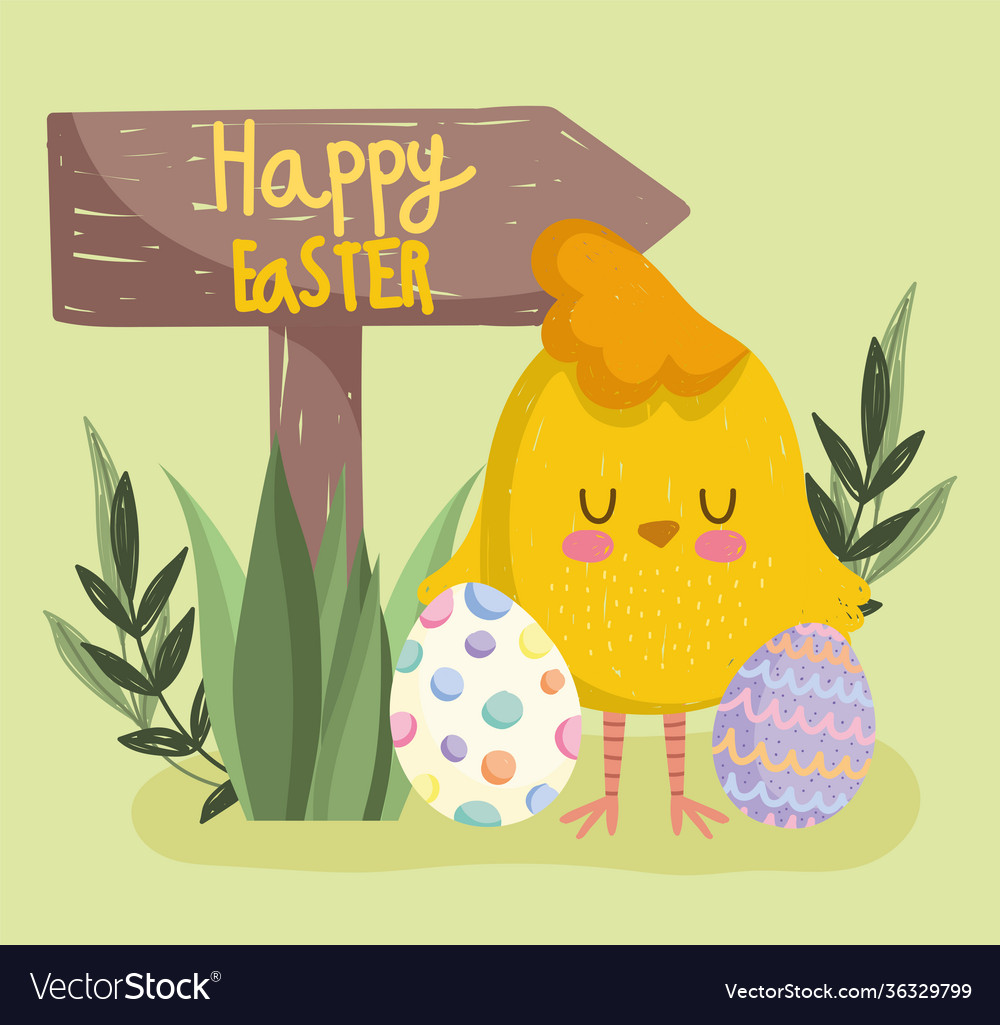 Cute easter cartoon chicken with eggs and arrow Vector Image