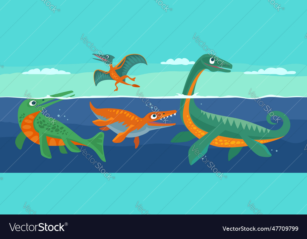 Vector cartoon illustration of a cute dinosaur with sunglasses jumping in  the water. Stock Vector