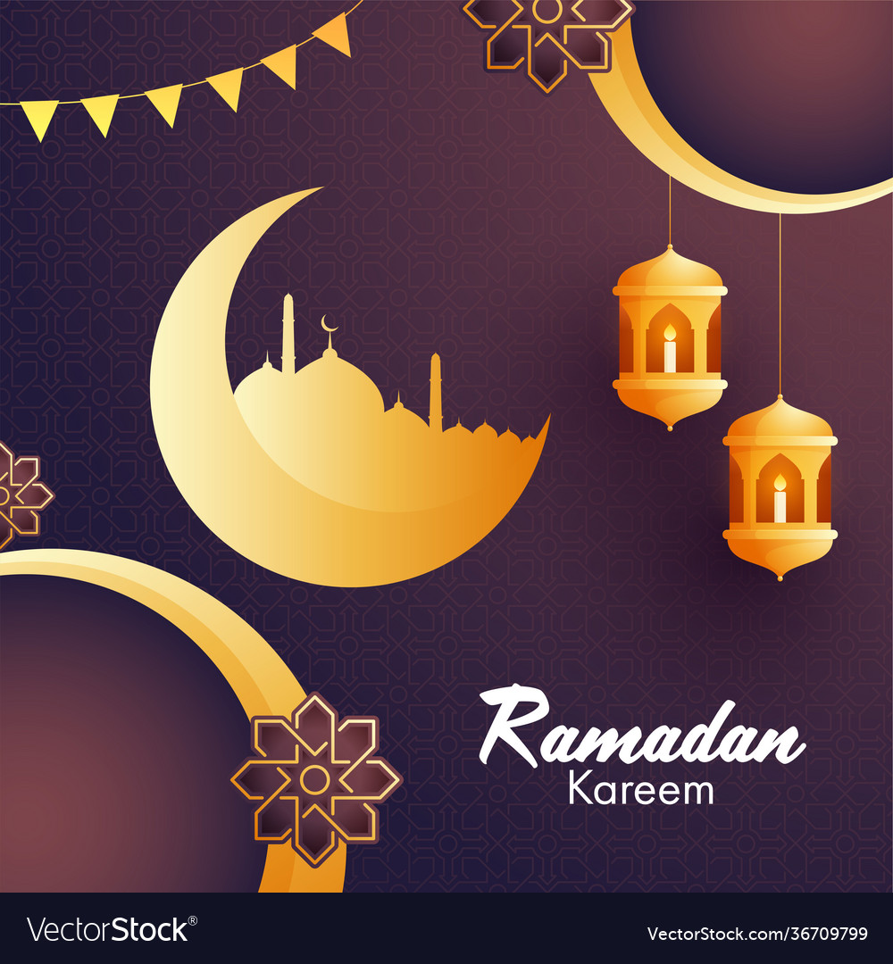 Golden crescent moon mosque hanging lanterns Vector Image