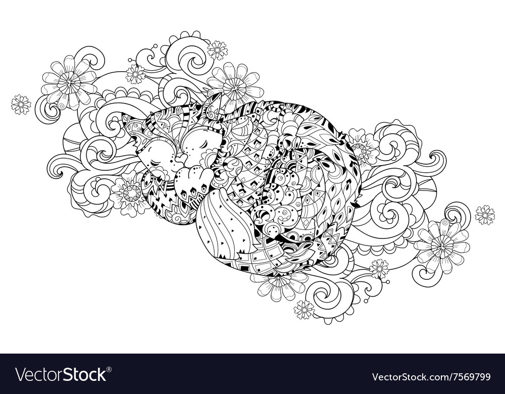 Hand drawn doodle outline cat sleeping