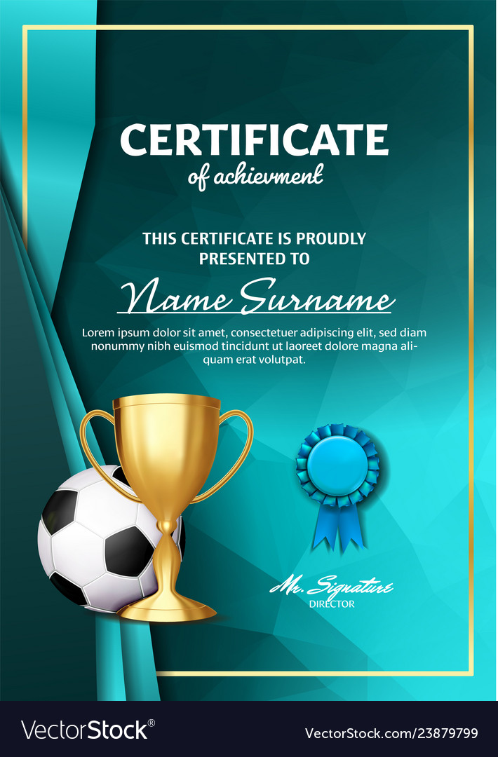 Soccer game certificate diploma with golden cup