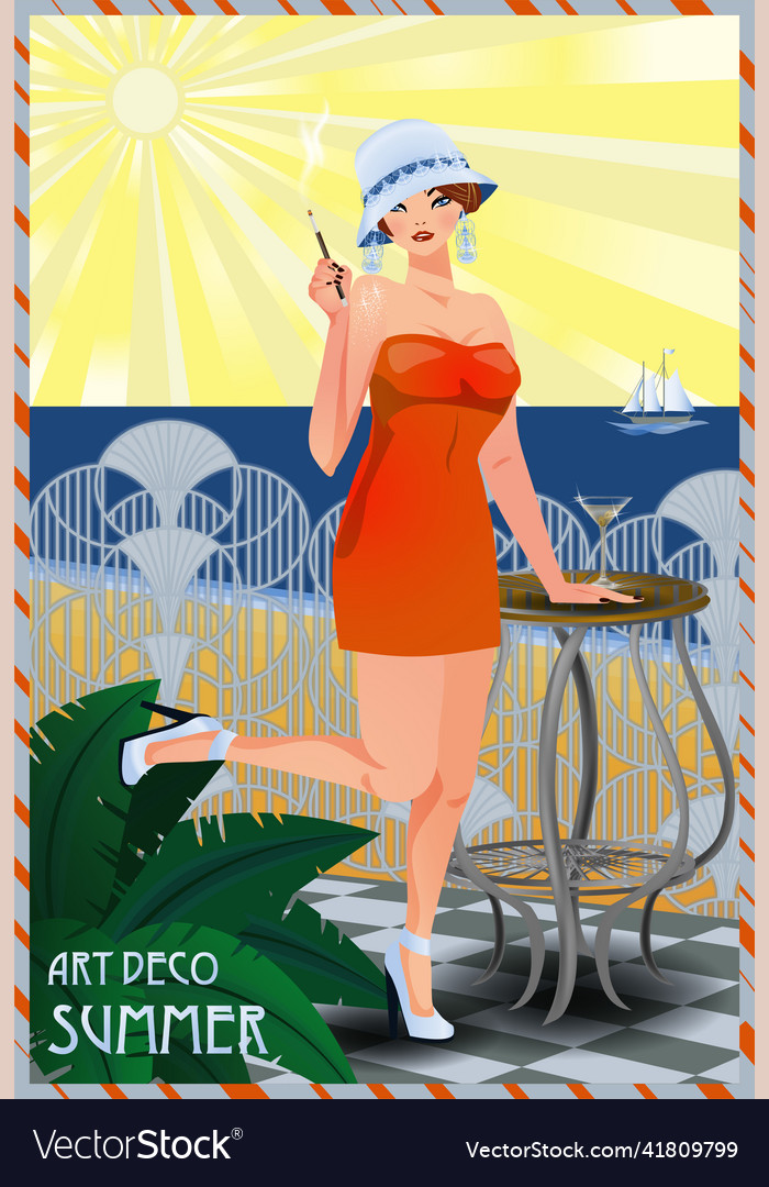 Summer flapper girl in cloche hat art deco