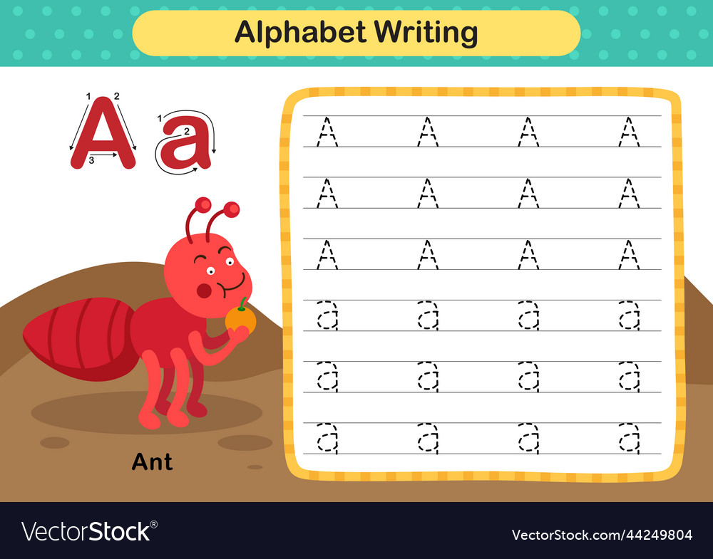 Alphabet letter a - ant exercise with cartoon