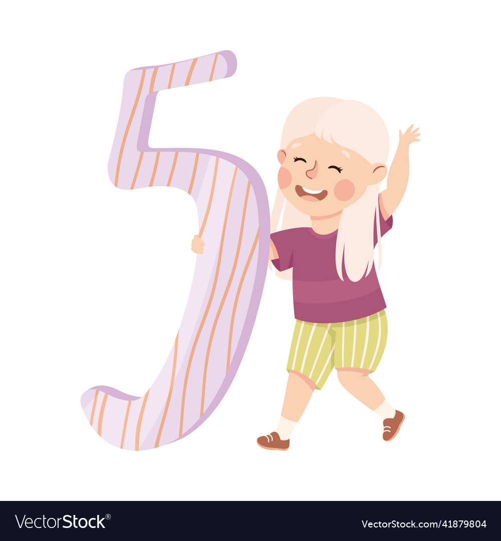 Little Girl With Huge Number Five Or Numeral Vector Image