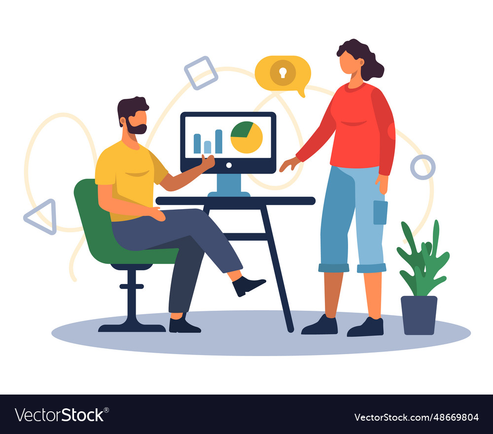 Man sitting at tale near computer and talking vector image Man sitting at tale near computer and talking