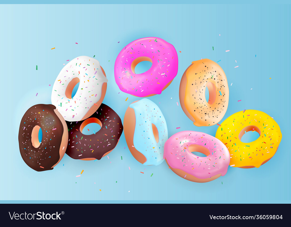 Realistic 3d sweet tasty donut background can