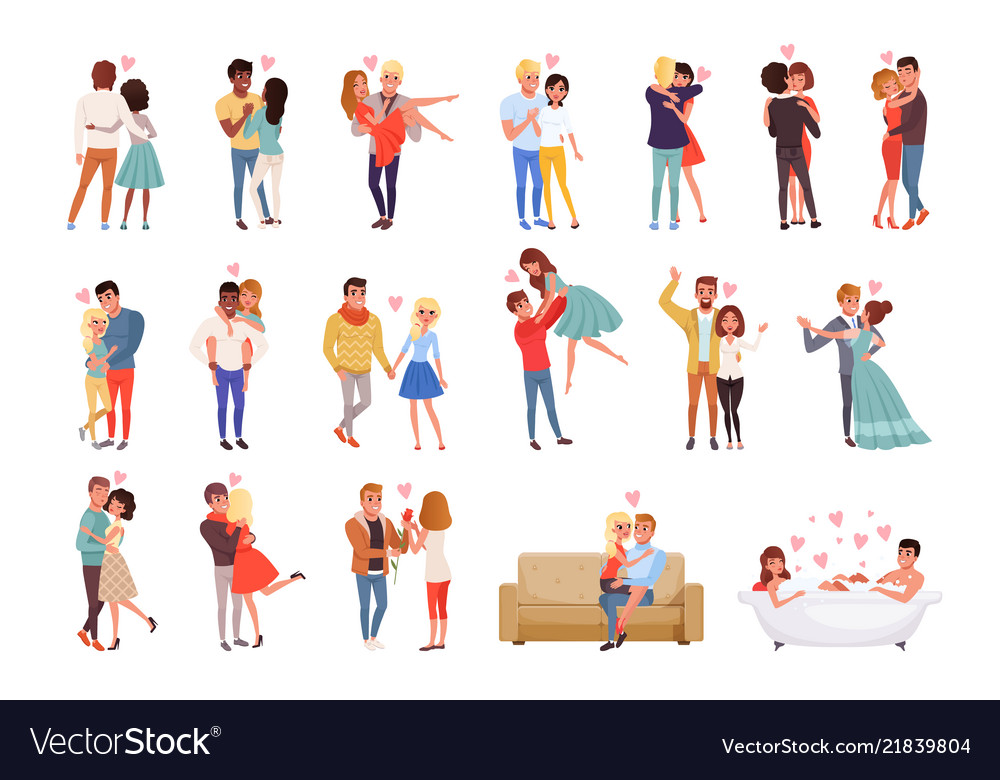 Young men and women characters in love hugging set