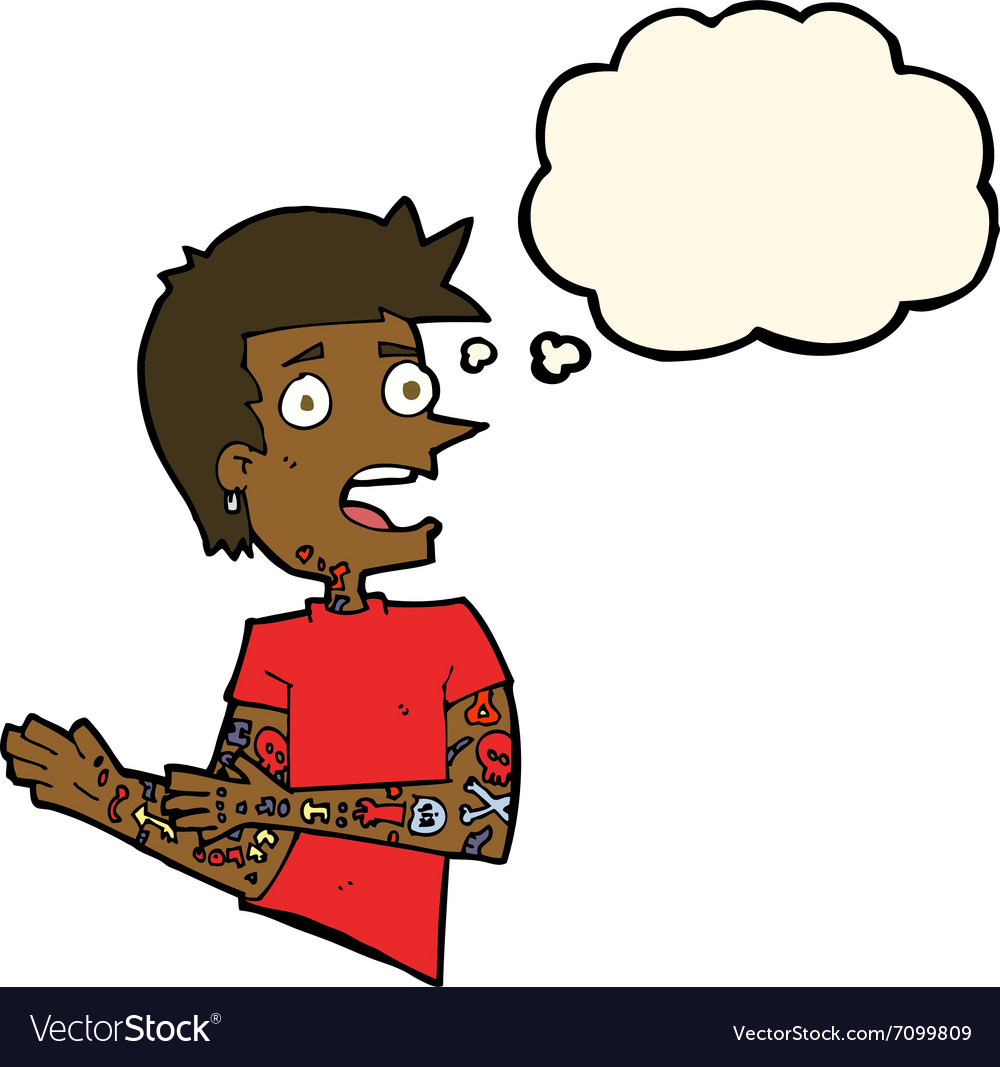 Cartoon man with tattoos thought bubble