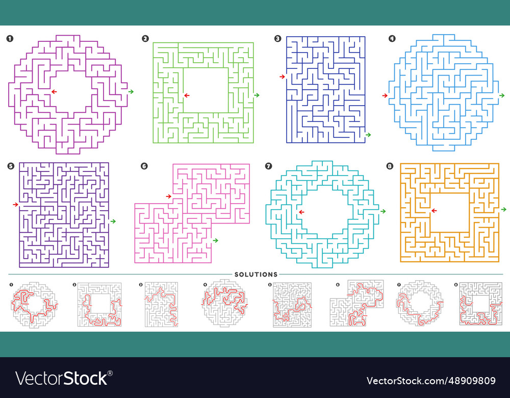 Maze puzzle activities graphs set with solutions Vector Image