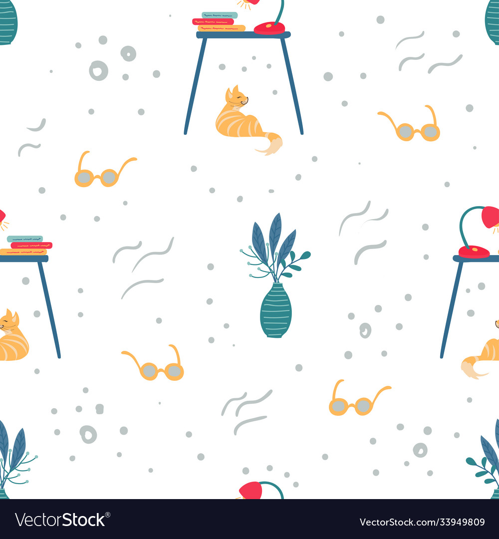 Seamless pattern with a yellow cat lying