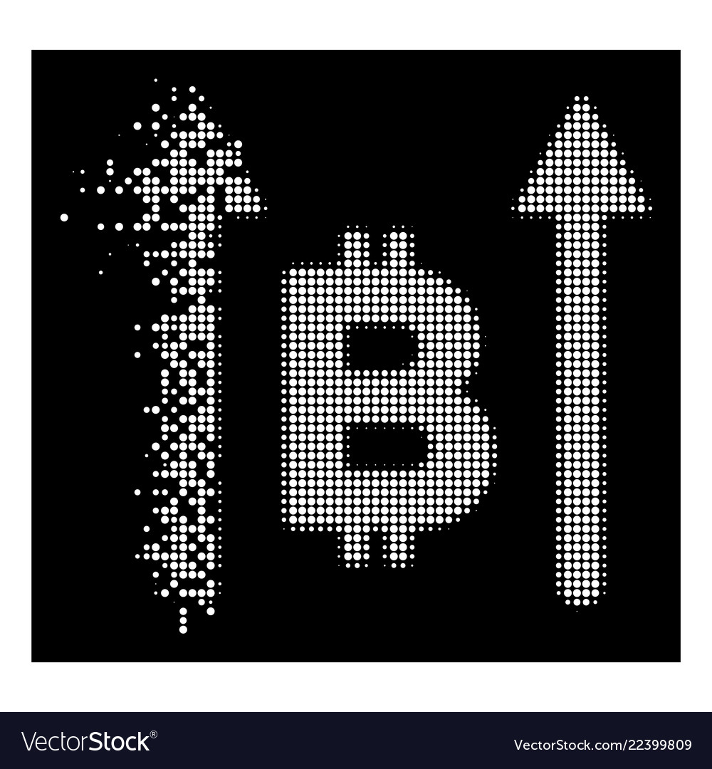 White fractured pixel halftone bitcoin send arrows